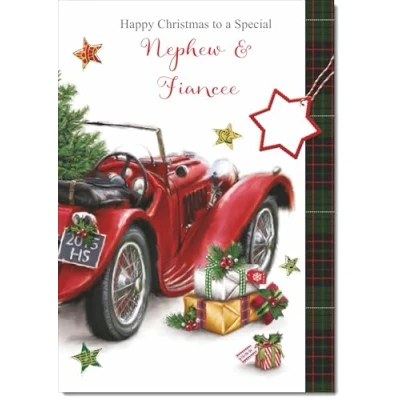Image of doodlecards Nephew and Fiancee Christmas Card Red Vintage Car Medium Size for &amp; with Plain Envelope