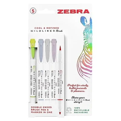 Image of Zebra Pen Mildliner Dual Tip Brush Pens, Felt Pens For Adults, Bullet &amp; Style Convenience, Double Ended Colouring Cool Refined Colours 5pk