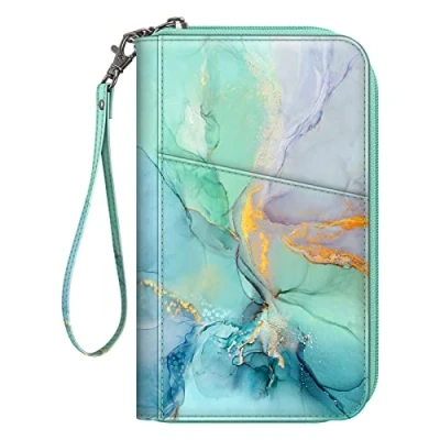 Image of FINTIE Passport Holder Travel Wallet for Family 4 6, RFID Blocking Document Organizer Clutch Bag Passports, Business Cards, Credit Boarding Passes, Emerald Marble