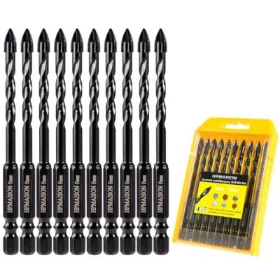 Image of HPMAISON 10Pcs 6mm Masonry Drill Bits, 4 Cutter Tungsten Carbide Tip Bit Set for Drilling Concrete, Tile, Ceramic, Brick Wall, Glass, Wall Mirror, Plastic and Wood