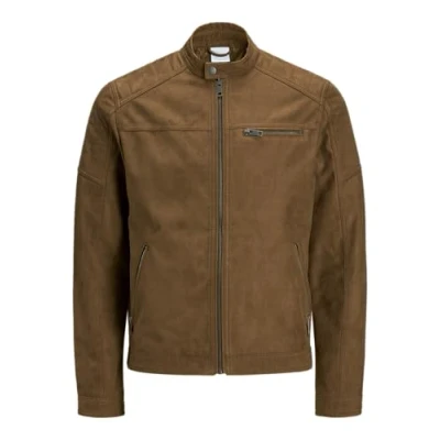 Image of Jack &amp; Jones JJEROCKY men&#039;s Leather jacket in Brown