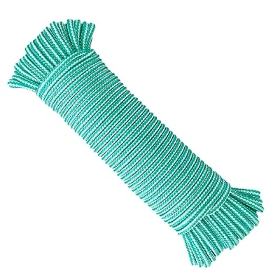 Image of Clothe Washing Line Outside. Braided High Tenacity Polypropylene Rope Cord. Campervan Essentials. Made in Spain. 4.5MM * 25M. Green and White.