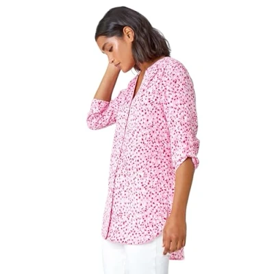 Image of Roman Originals Shirt Top for Women UK Ladies Collarless Blouse Smart Tunic Button Through Longline Asymmetric Hem 3/4 Length Roll Up Sleeves V Neck Going Out Pink Cerise White Size 18