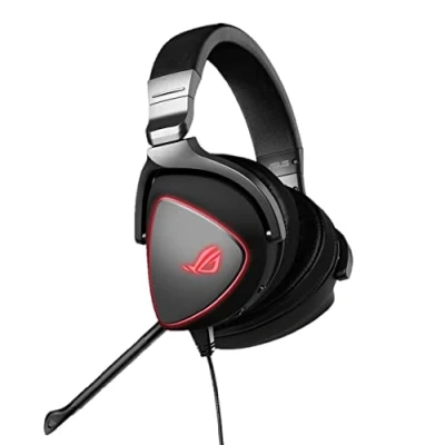 Image of ASUS ROG gaming headset with red LED lighting rings, a microphone and USB C® connection for on PCs, Macs, smartphones consoles