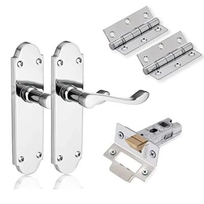 Image of XFORT Chrome Elegance Range Polished Richmond Lever Latch Door Pack, Complete Set with Handles, 65mm Tubular and 75mm Ball Bearing Hinges, for Internal Wooden Doors.