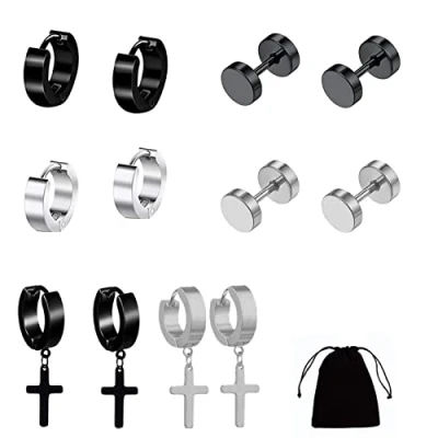 Image of 6 Pairs Stud Earrings, Stainless Steel Mens Small Hoop Earrings Ear Piercing Screw Jewelry Barbell Studs Non Pierced Male Plugs Huggie