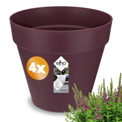 Image of Gardebruk® 4x Round Flower Pots Sustainable Recycled Plastic Planter Box Plant Pot with Overflow Pipes Frostproof Suitable for Indoor or Outdoor Use 25x22cm Matt Mulberry