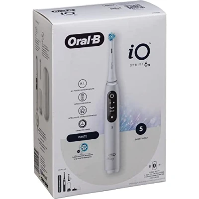 Image of Oral B iO Series 6 Electric Toothbrush, 2 Replacement Toothbrush Heads, 5 Cleaning Modes for Dental Care, Magnetic Technology, Display &amp; Travel Case, Designed by Braun, White