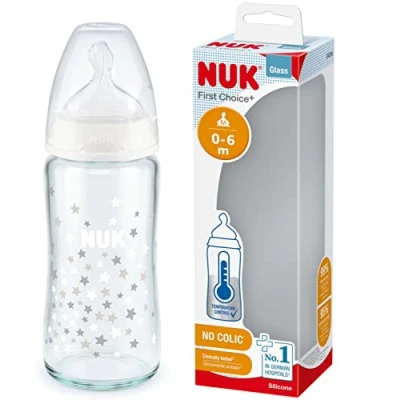 Image of NUK First Choice+ Glass Bottle 0 6 Months Temperature Control Silicone Teat Anti Colic Valve BPA Free 240ml