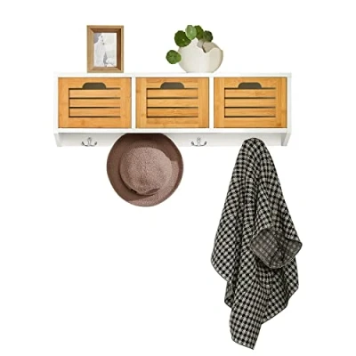 Image of SoBuy FHK19 WN, Wall Coat Rack Shelf Storage Cabinet Unit with 3 Drawers 4 Hooks, W80 x D20 H25cm