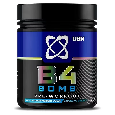 Image of USN B4 Bomb Energy Drink Powder, Blue Raspberry 180g, with Vitamin B12 &amp; B6, Creatine, Caffeine Zynamite for Stamina Explosive Energy, Glucose Free, No Added Sugar, Quality Dietary Supplement