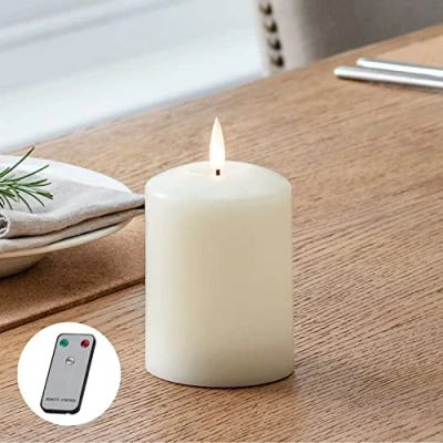 Image of Lights4fun Small TruGlow® Battery LED Flameless Pillar Candle 10cm Real Ivory Wax with Remote Control