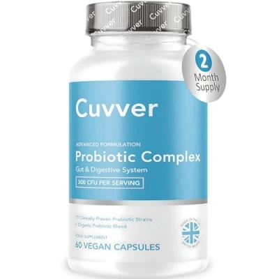 Image of Cuvver Probiotics &amp; Prebiotics Complex 30 Billion CFU, 2 Month Supply, 10 Bacterial Cultures, Gut Health Supplement for Women Men Bloating, Digestion Immunity Made in UK, 60 Vegan Capsules