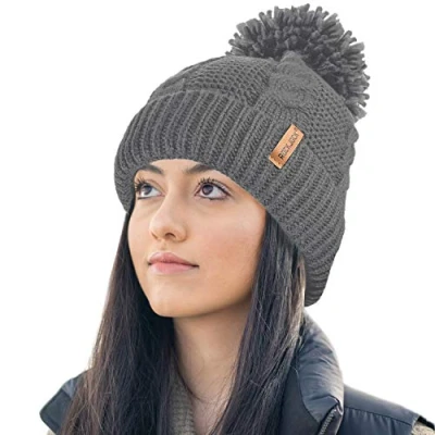 Image of RockJock Ladies STORMACTIVE 100% Waterproof Warm Cable Knit Winter hat with Pompom and Thermal Cosy Liner Grey
