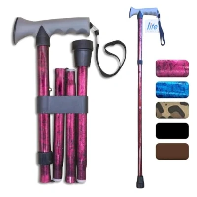 Image of Life Healthcare Walking Stick Comfort Gel Handle For Arthritis, Elderly Disabled, Folding Adjustable Height, Plain Black, Right Or Left Handed, With Non Slip Rubber Tip, Wrist Strap, Lightweight
