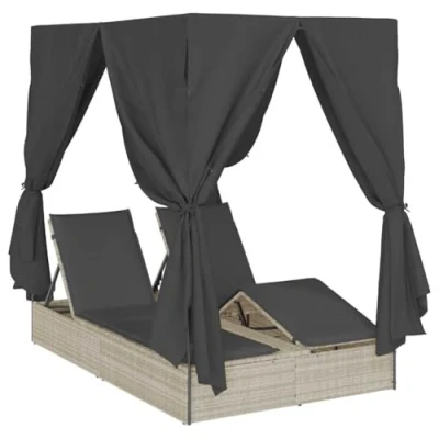 Image of vidaXL Double Sun Lounger with Roof and Curtains Light Grey Poly Rattan