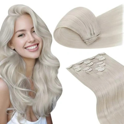 Image of LaaVoo Clip in Hair Extensions Real Human 18 Inch 7pcs 120g White Blonde Seamless Remy #60