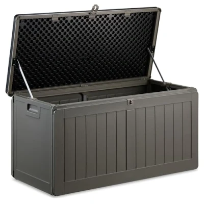 Image of VonHaus Garden Storage Box 190L Outdoor Utility Chest Organiser Weatherproof Plastic, Lockable Lid, Sliding Bar Hinge, Carry Handles, Portable For Garden, Patio, Balcony, Decking Grey, Black