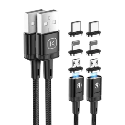 Image of Kuulaa 3 in 1 Magnetic Charging Cable 2 Pack (1M + 1M) Charger 3A Phone Nylon Braided USB C Data for iPhone/Samsung/Micro Devices, Black