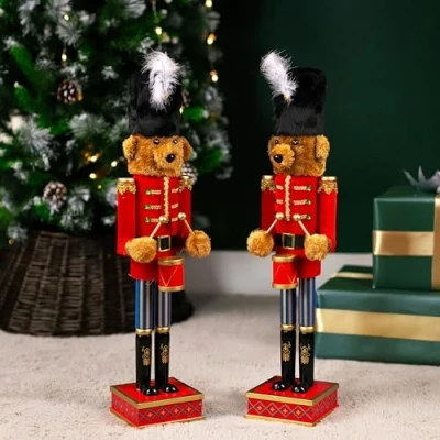 Image of Marco Paul Pair Of 60cm Teddy Bear Nutcracker Soldier Statue Hand painted Christmas Decor 2x Ornaments For Decorations Indoor Xmas Large Wooden Toy