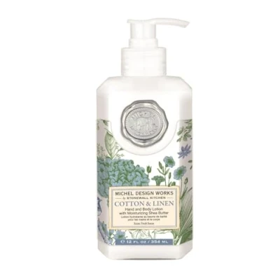 Image of Michel Design Works Cotton &amp; Linen Scented Hand and Body Lotion with Shea Butter, Coconut Oil Aloe Vera 354ml