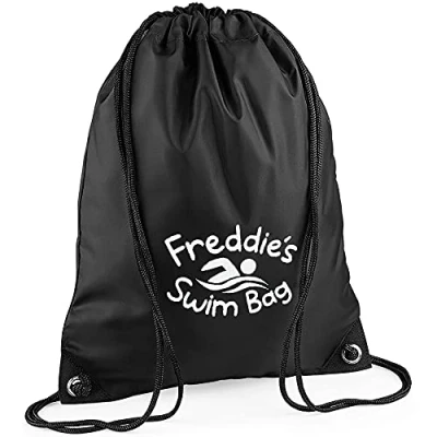 Image of TeddyTs Personalised Swim Design School Sports PE Drawstring Swimming Bag (Black), 45cm x 33cm