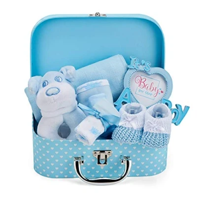 Image of Baby Box Shop 7 Newborn Boy Gifts Ideal for Christening, Birthdays &amp; Shower Includes Essentials with Rattle in Cute Keepsake Case, Hamper