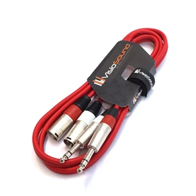 Image of 2 x Male XLR to 6.35mm 1/4&quot; Stereo TRS Jack Balanced Twin Lead/Patch Cable 3 Colours (1.5m red)