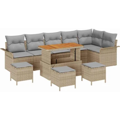 Image of vidaXL 10 Piece Garden Sofa Set with Cushions Beige Poly Rattan Acacia