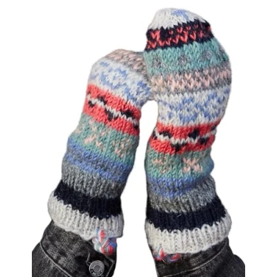 Image of Pachamama Women Wool Mittens Fleece Lined Handknitted Fairisle Multicoloured One Size Handmade Extra Warm Fair Trade (Wool, Oatmeal)