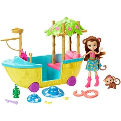 Image of Enchantimals Junglewood Boat &amp; Merit Monkey Doll (6 Inch) and Compass Animal Figure, 7+ Accessories