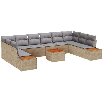 Image of vidaXL 11 Piece Garden Sofa Set with Cushions Beige Poly Rattan Acacia