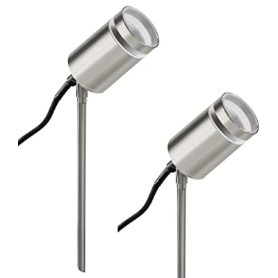 Image of Long Life Lamp Company 2 x Garden Outdoor Spike Light Stainless Steel Clear Diffuser IP65 Ground Pathway Lighting 240v ZLC352