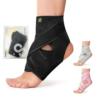 Image of BRACOO FS10 Ankle Support, Open Heel Brace with Adjustable Straps for Achilles Tendonitis, Weak Ankles, Ligament Damage, Sprains and Sports Injuries (Black, L/XL)