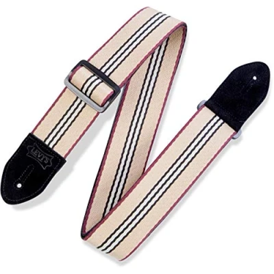 Image of Levy&#039;s Leathers 2&quot; Cotton Guitar Strap Prep Stripe Design; Tan, White, Black, and Burgundy MC8VIN 003