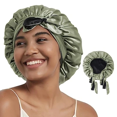 Image of Hat Hut Satin Bonnet Silk for Sleeping Cap Curly Hair Women Double Layer Reversible with Tie Band (Olive Green/Black)