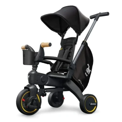 Image of DOONA Liki Baby Trike S5 Deluxe Foldable Toddler Tricycle with parent handle for ages 10 Months to 3 Years Nitro Black