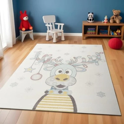 Image of Livabliss Reindeer Kids Rug Childrens for Bedroom 120x170 cm , Animal Carpet Girls &amp; Boys Rug, Playroom and Nursery Rugs Baby Girl or Boy Room, Ivory Blue