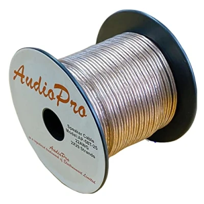 Image of AudioPro Speaker Cable Wire 22 AWG (2 x 29 Strands) Select 25m or 50m Reel Colour White/Clear Transparent HiFi Home Audio Surround Sound etc (25m Reel, Transparent)