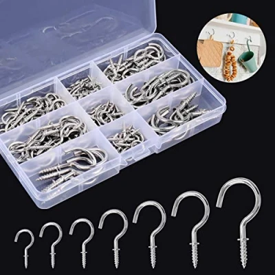 Image of Screw Hooks, 120 Pieces Cup Hooks Nickel Plated Metal in Eye Ceiling Hook for Cabinet Shelf(Silver), 7 Sizes