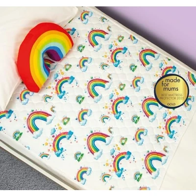 Image of Bedwetz Potty Training Bed Pads 100% Waterproof Mattress Protector Bedwetting Sheets, size fits Single &amp; Toddler Beds Non Slip Mat with Side Wing Tucks UK Brand Rainbow