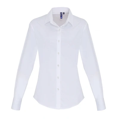 Image of Premier Womens/Ladies Stretch Fit Poplin Long Sleeve Blouse (White) Size Medium