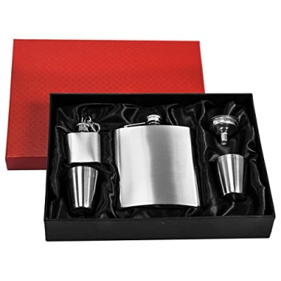 Image of EYEPOWER Hip Flask, 210ml Set in Stainless Steel, Kidney Shaped, Includes Funnel, 4 Small Glasses &amp; Keyring, Elegant Gift Box, Hermetic Screw Top, Rustproof, Dishwasher Safe