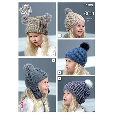 Image of King Cole 5100 Knitting Pattern Childrens Hats in Merino Blend Aran and Fashion