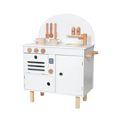 Image of HYGRAD Kids Large Wooden Kitchen Play Set And Accessories Life Size Childrens Wood Pretend Vintage Style Role With Utensils (White)
