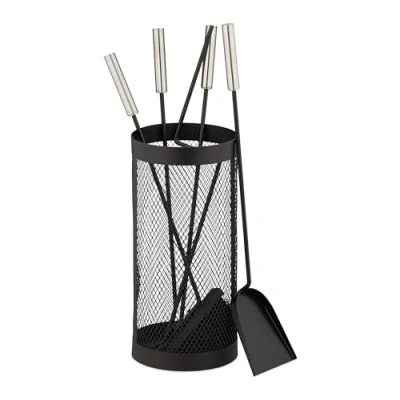 Image of Relaxdays Fireplace Tool Set, 5 Pieces, Poker, Ash Shovel, Broom, Tongs &amp; Stand, Stainless Steel, Accessories, Black, 90% Steel 10%, 56 x 17 cm