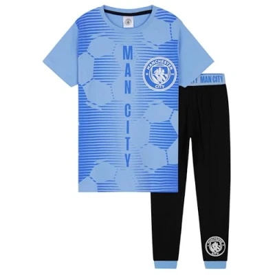 Image of Manchester City FC Boys Pyjamas Set Nightwear PJs for Kids Teenagers Loungewear 5 14 Years Football Gifts (Blue/Black, 9 10 Years)