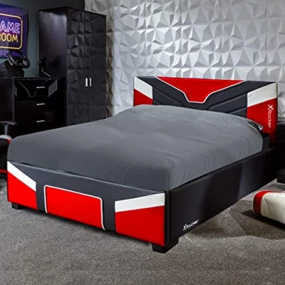 Image of X Rocker Cerberus Gaming Bed, 4ft6 Double Bedstead Frame, Wooden Slats, PU Faux Leather Upholstered Headboard, Low Footboard, Ideal for Teens, Kids, Children, Red Black White 135x190cm