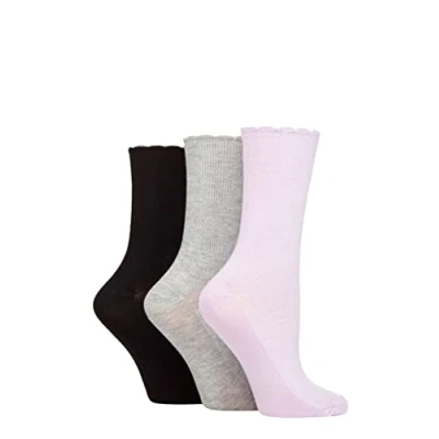 Image of Elle Ladies Ribbed Bamboo Socks with Scallop Top Pack of 3 Lilac/Silver/Black 4 8