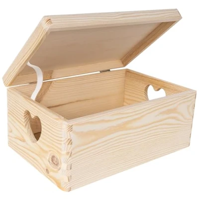 Image of Creative Deco Large Plain Wooden Storage Box 30 x 20 14 cm (+/ 1cm) Hinged Lid &amp; Heart Handles Unpainted Gift for Christmas Xmas Kitchen UNSANDED Wood Keepsake Memory Craft Chest